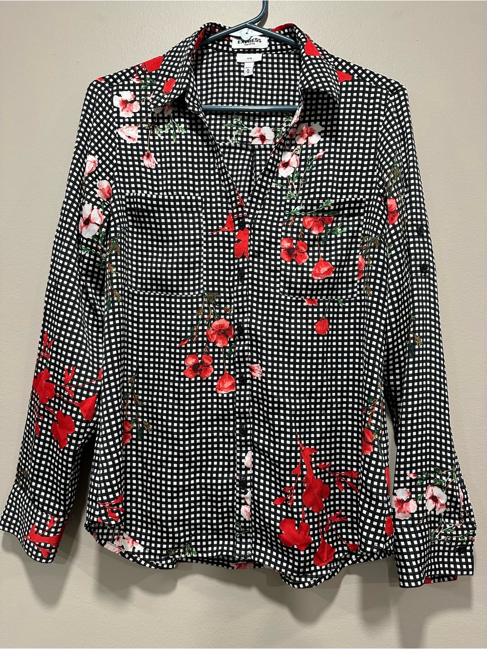 Express Slim Fit Portofino Button Up Blouse Gingham Floral M